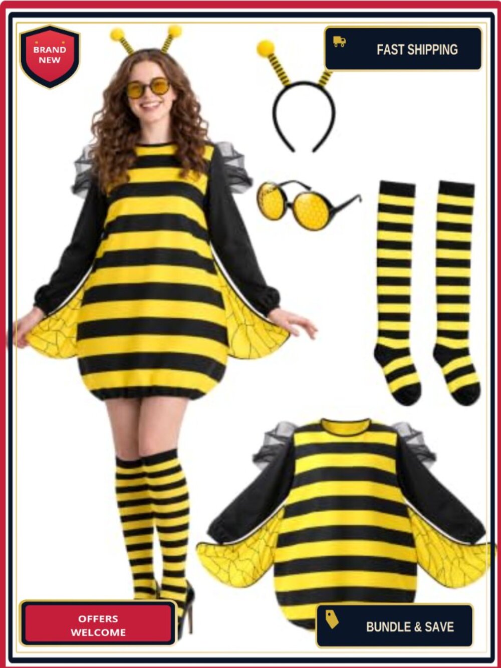 Bumble Bee Costume Set Dress Wings Antenna Socks Sunglasses Women